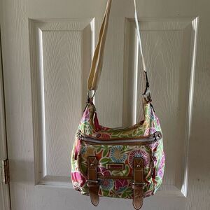 Lily Bloom multi color pastel fabric crossbody bag with tan faux leather trims